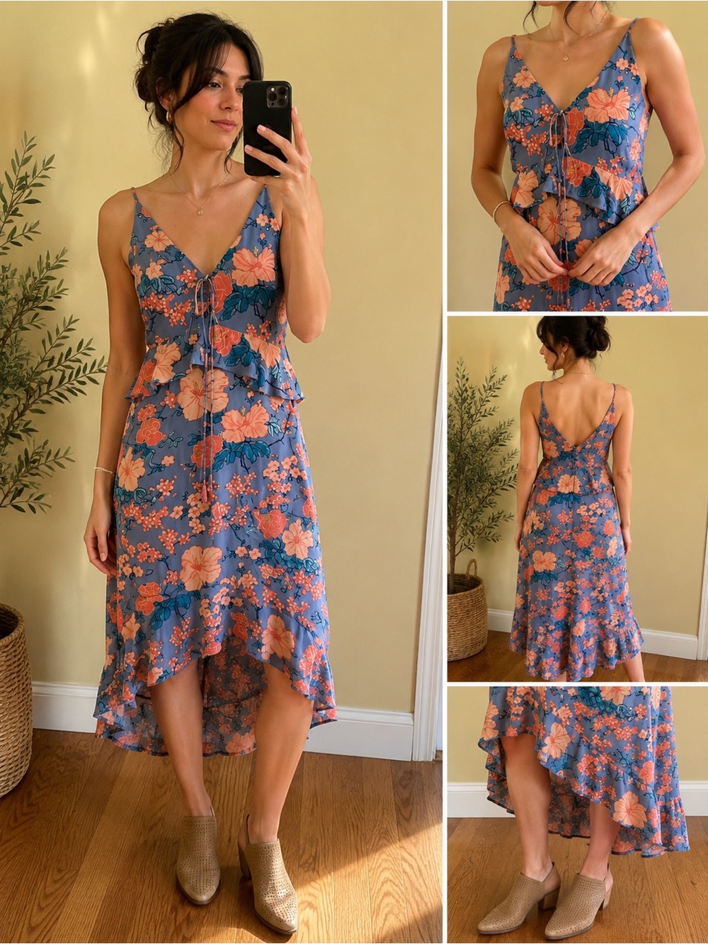 NEW Nordstrom Highline Blue Pink Floral Tie-Front Flutter Hi-Lo Tank Dress $150